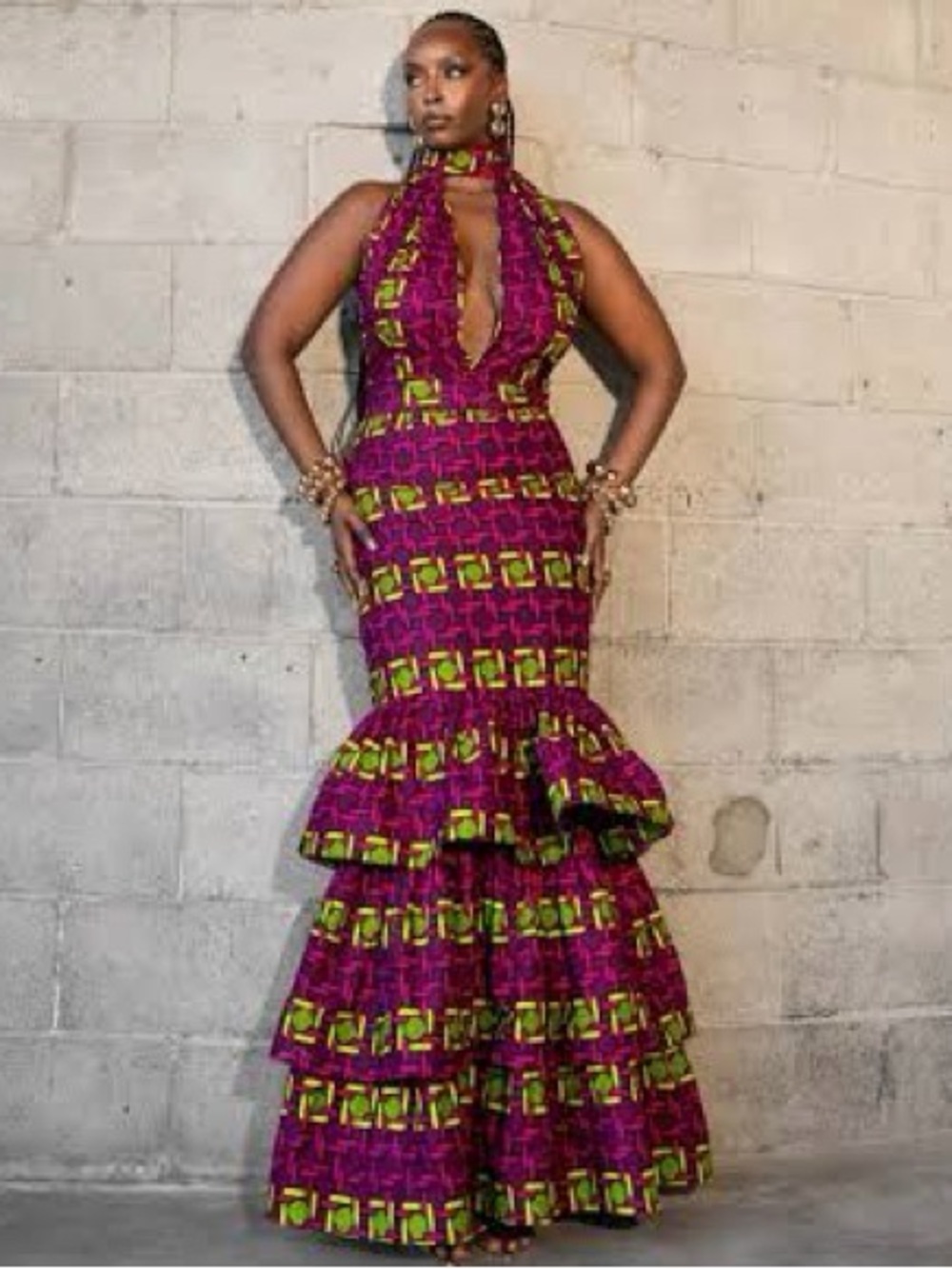 OFUURE Magenta and Lime Print Halter Mermaid Maxi Dress